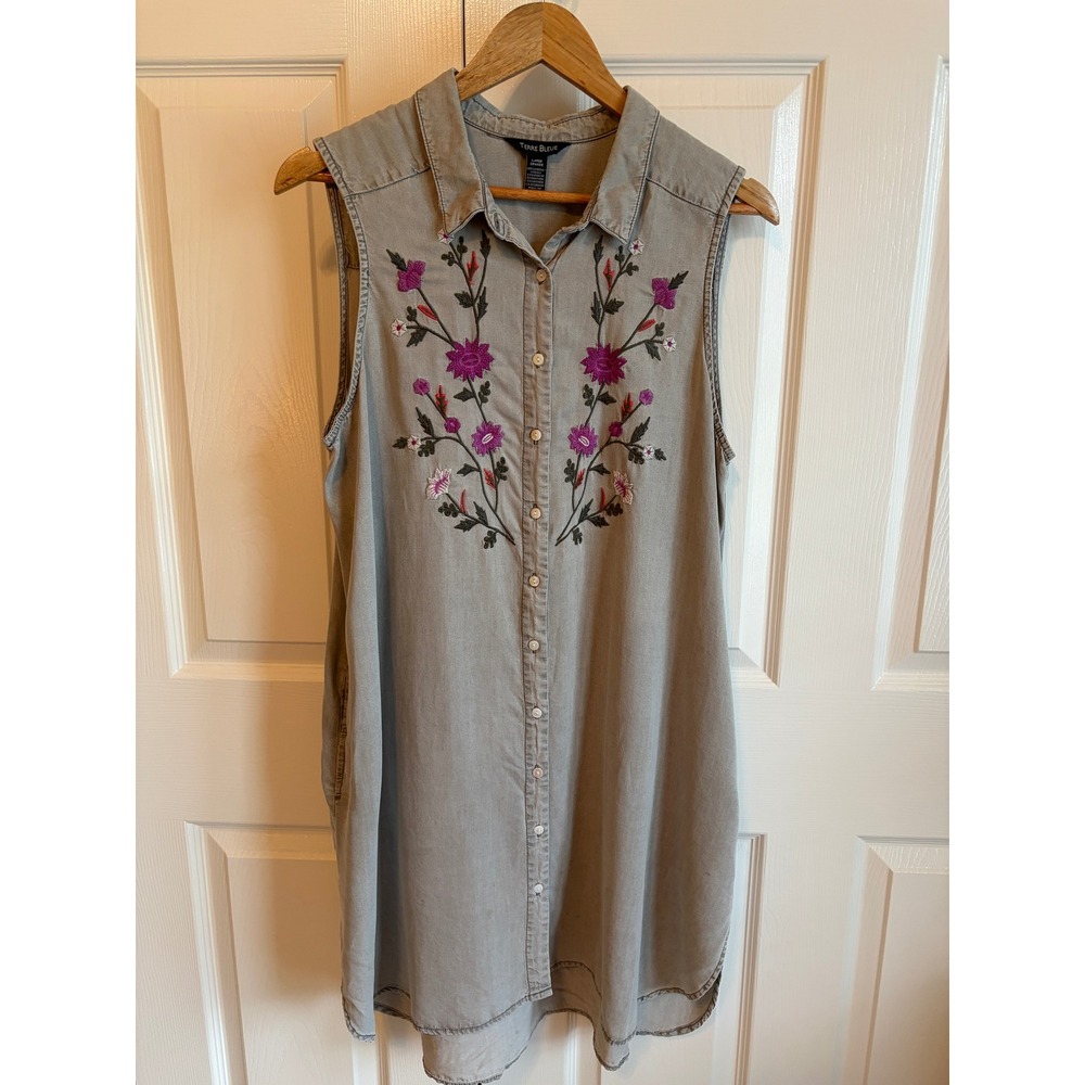 Terre Bleue Womens Grey Lyocell Embroidered Floral Sleeveless Shirt Dress Large